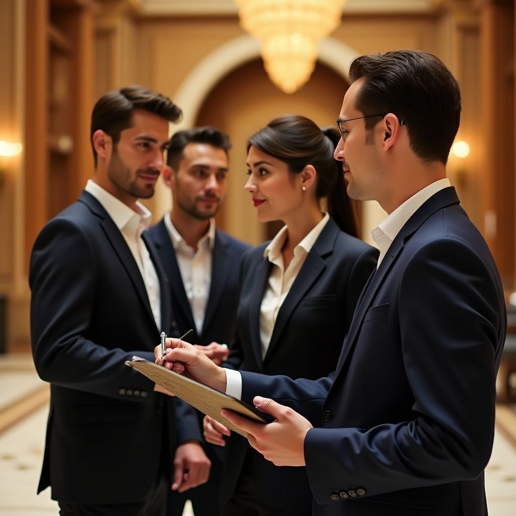 Equipo inspeccionando hotel de lujo